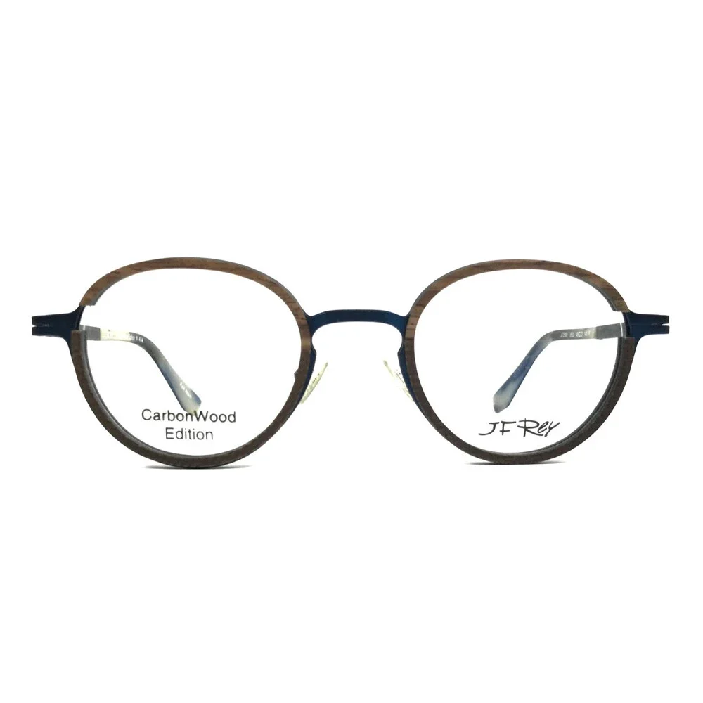 J. F. Rey Eyeglasses Frames JF2980 9520 Brown Wood Navy Blue Round 48-23-144